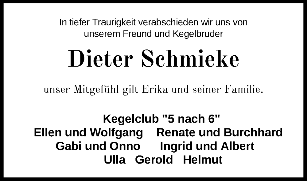  Traueranzeige für Dieter Schmieke vom 19.11.2025 aus Nordwest-Zeitung