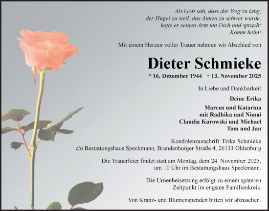 Traueranzeige von Dieter Schmieke von Nordwest-Zeitung