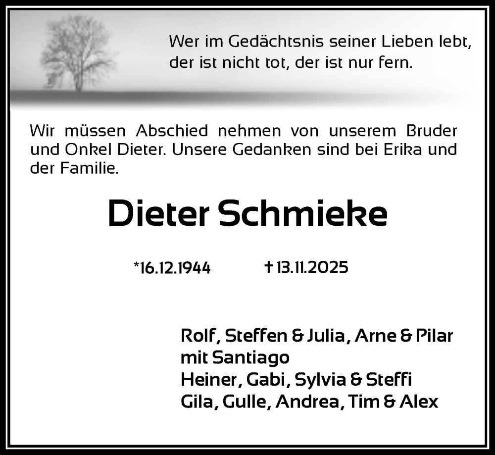  Traueranzeige für Dieter Schmieke vom 22.11.2025 aus Nordwest-Zeitung