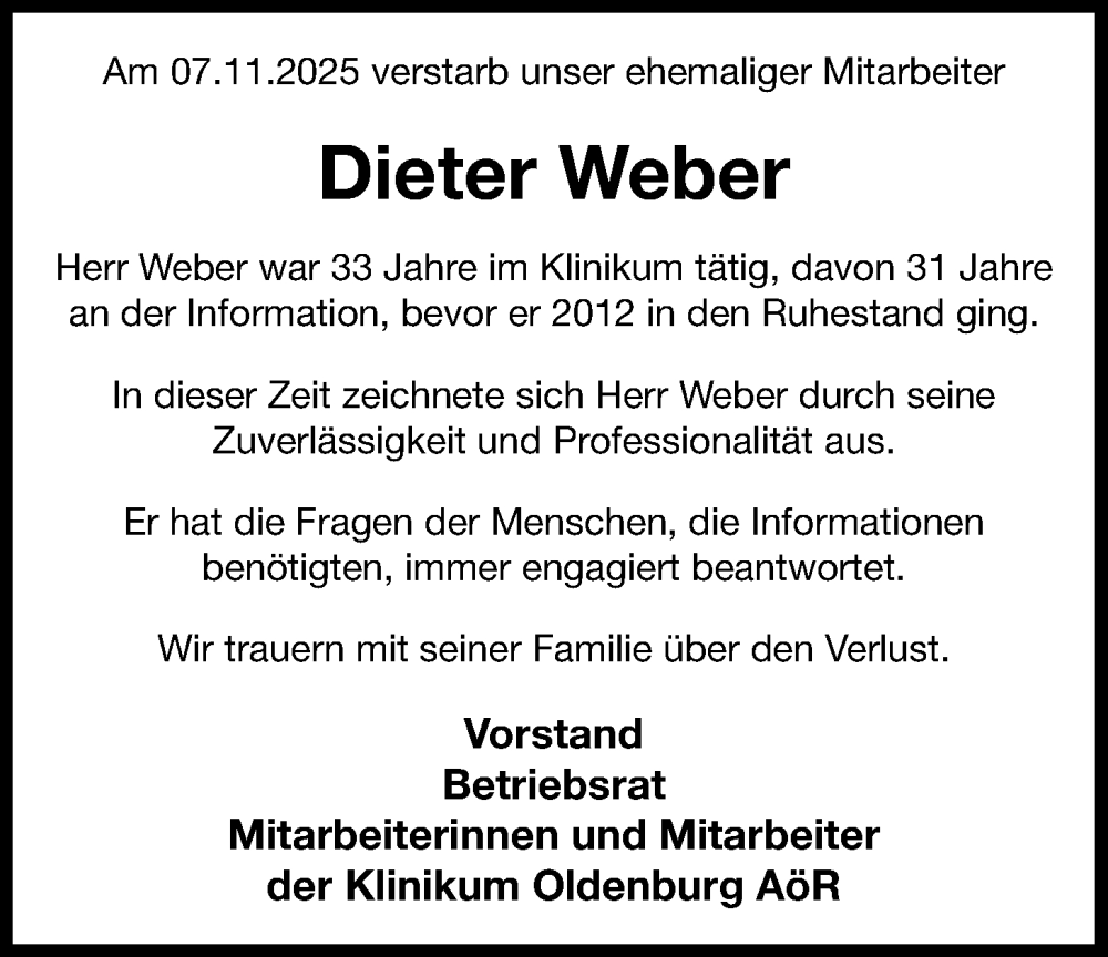  Traueranzeige für Dieter Weber vom 20.11.2025 aus Nordwest-Zeitung