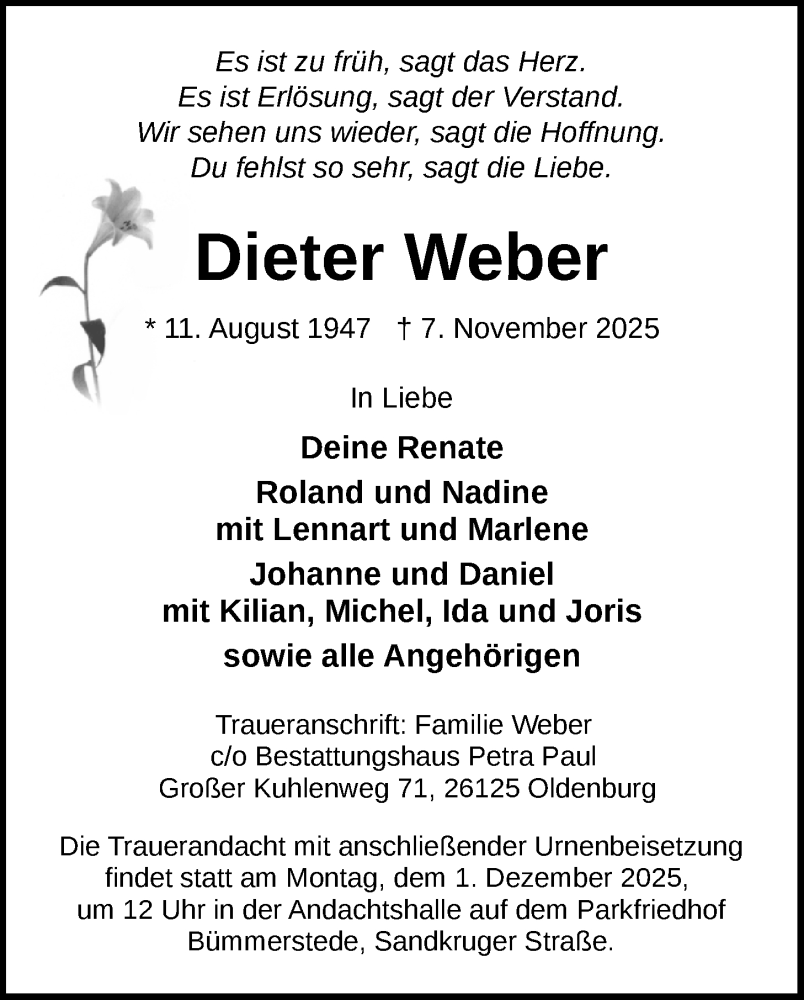  Traueranzeige für Dieter Weber vom 15.11.2025 aus Nordwest-Zeitung