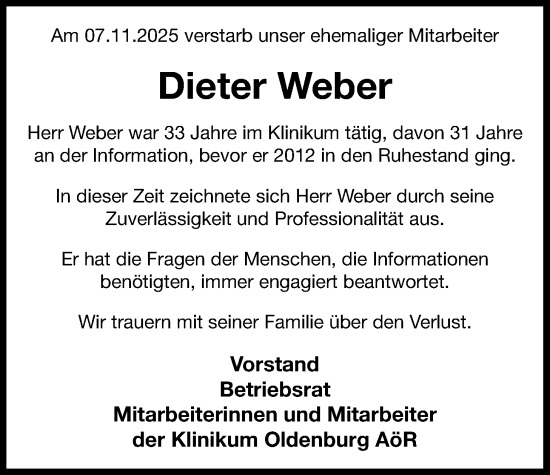 Traueranzeige von Dieter Weber von Nordwest-Zeitung