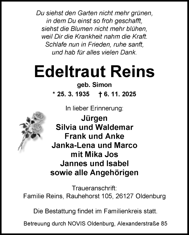  Traueranzeige für Edeltraut Reins vom 15.11.2025 aus Nordwest-Zeitung