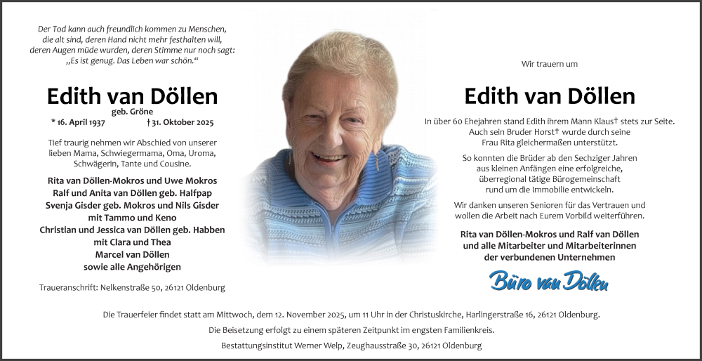  Traueranzeige für Edith van Döllen vom 08.11.2025 aus Nordwest-Zeitung