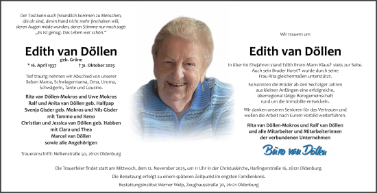Traueranzeige von Edith van Döllen von Nordwest-Zeitung