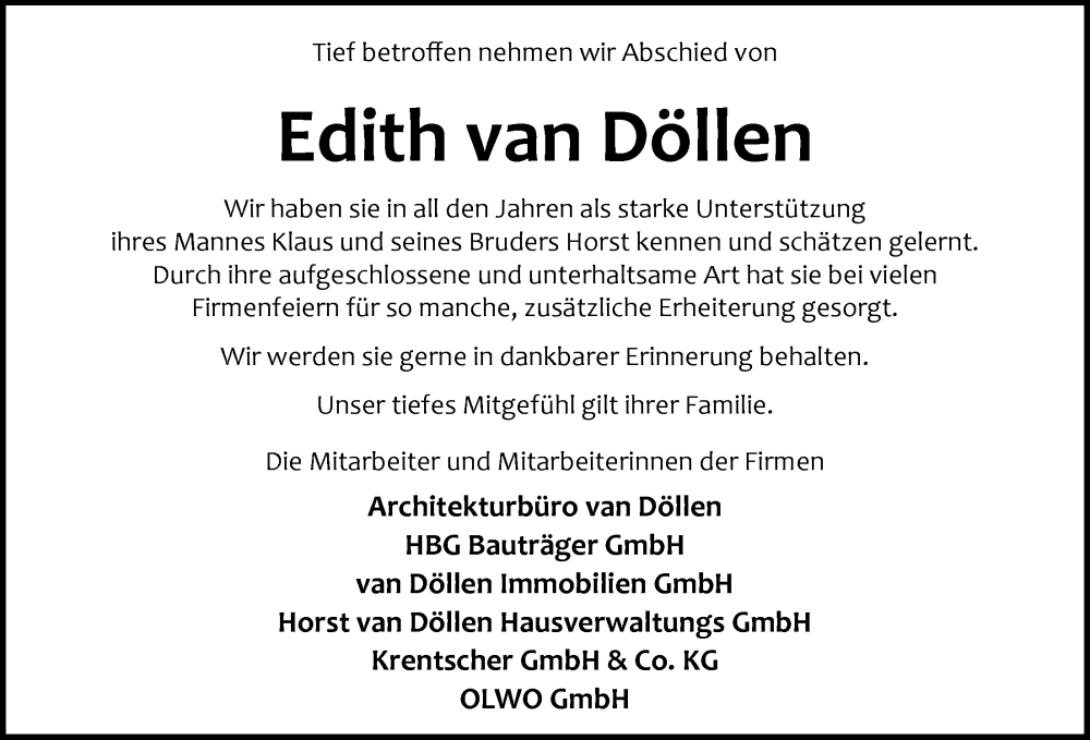  Traueranzeige für Edith van Döllen vom 08.11.2025 aus Nordwest-Zeitung