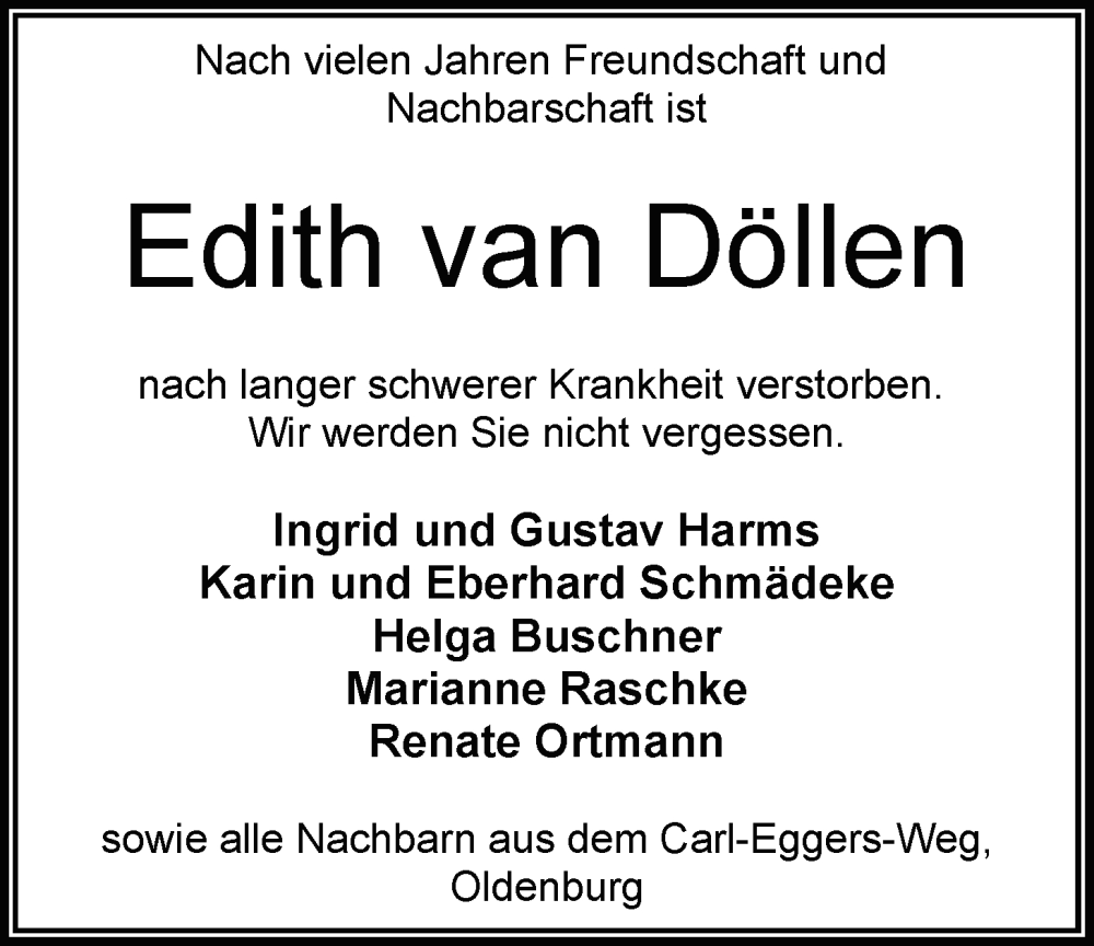  Traueranzeige für Edith van Döllen vom 08.11.2025 aus Nordwest-Zeitung