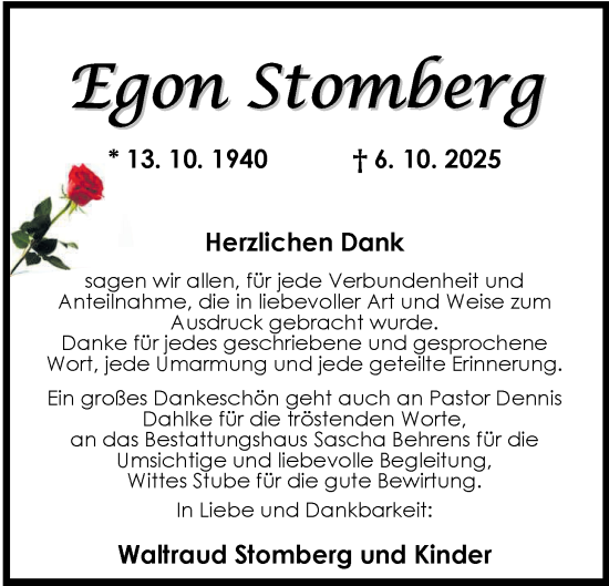 Traueranzeige von Egon Stomberg von Nordwest-Zeitung