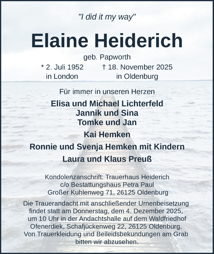  Traueranzeige für Elaine Heiderich vom 29.11.2025 aus Nordwest-Zeitung