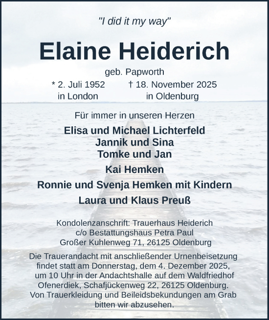 Traueranzeige von Elaine Heiderich von Nordwest-Zeitung