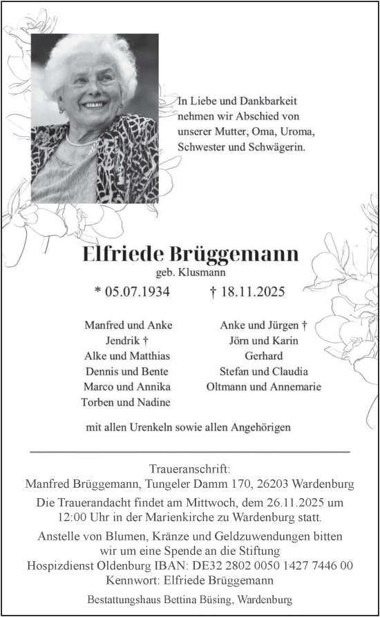 Traueranzeige von Elfriede Brüggemann von Nordwest-Zeitung