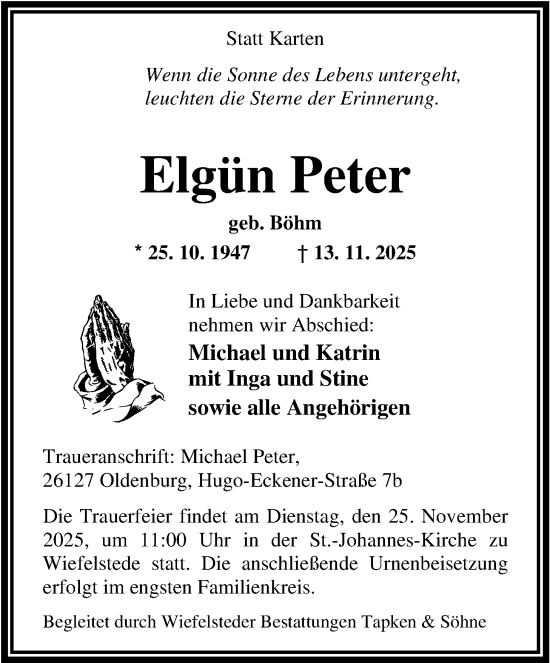 Traueranzeige von Elgün Peter von Nordwest-Zeitung