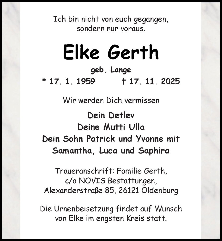  Traueranzeige für Elke Gerth vom 22.11.2025 aus Nordwest-Zeitung