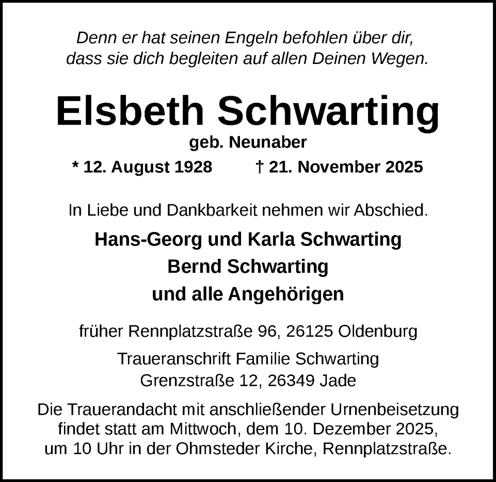  Traueranzeige für Elsbeth Schwarting vom 28.11.2025 aus Nordwest-Zeitung