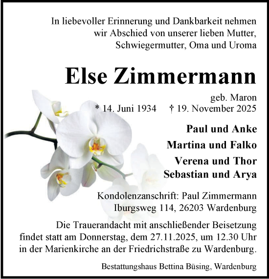 Traueranzeige von Else Zimmermann von Nordwest-Zeitung