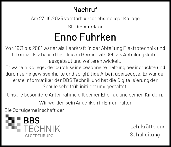 Traueranzeige von Enno Fuhrken von Nordwest-Zeitung