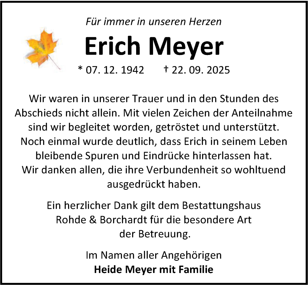  Traueranzeige für Erich Meyer vom 19.11.2025 aus Nordwest-Zeitung