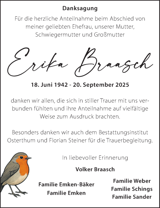 Traueranzeige von Erika Braasch von Nordwest-Zeitung