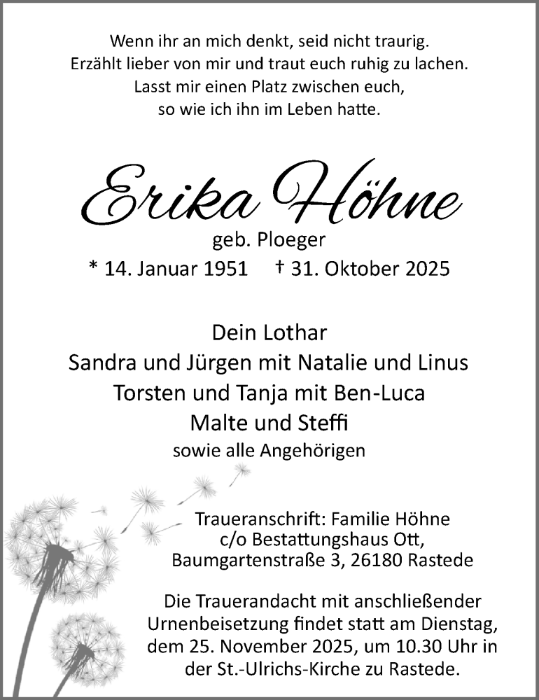  Traueranzeige für Erika Höhne vom 15.11.2025 aus Nordwest-Zeitung