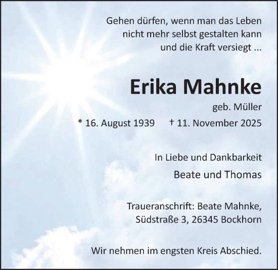Traueranzeige von Erika Mahnke von Nordwest-Zeitung