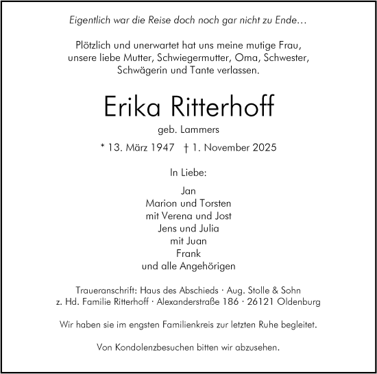 Traueranzeige von Erika Ritterhoff von Nordwest-Zeitung