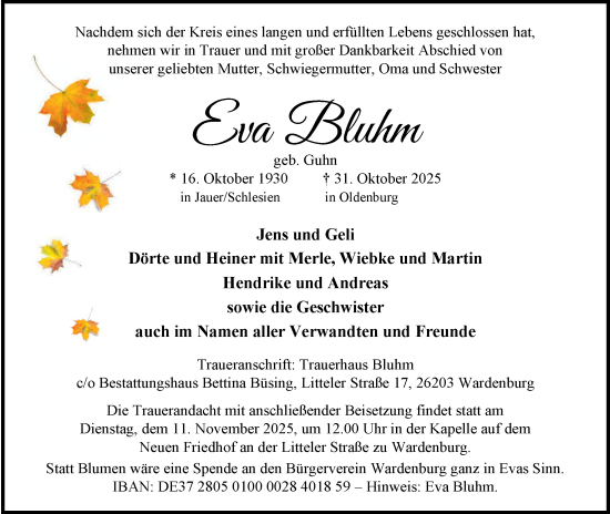 Traueranzeige von Eva Bluhm von Nordwest-Zeitung