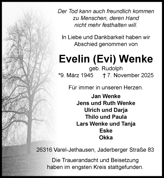 Traueranzeige von Evelin Wenke von Nordwest-Zeitung