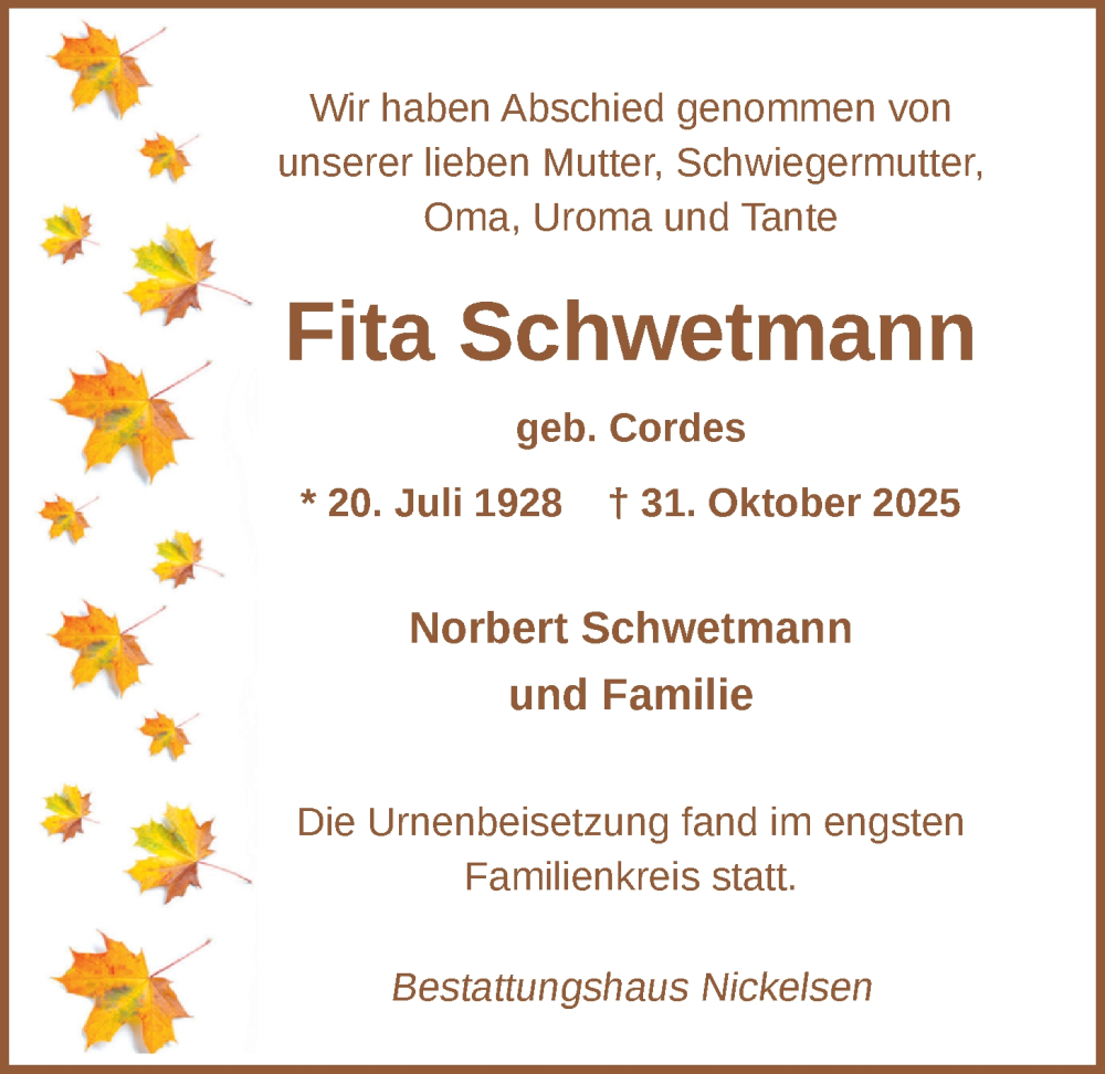  Traueranzeige für Fita Schwetmann vom 14.11.2025 aus Nordwest-Zeitung