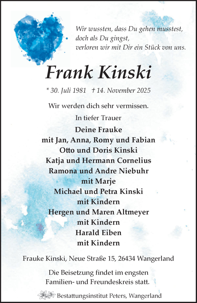  Traueranzeige für Frank Kinski vom 22.11.2025 aus WZ/JW/AH