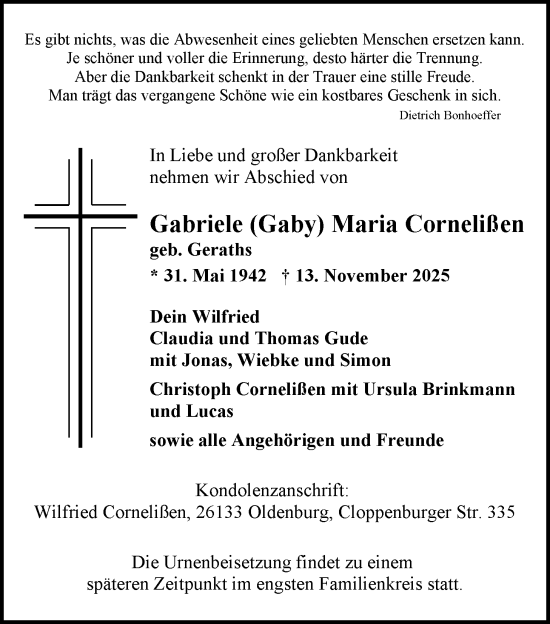 Traueranzeige von Gabriele Maria Cornelißen von Nordwest-Zeitung