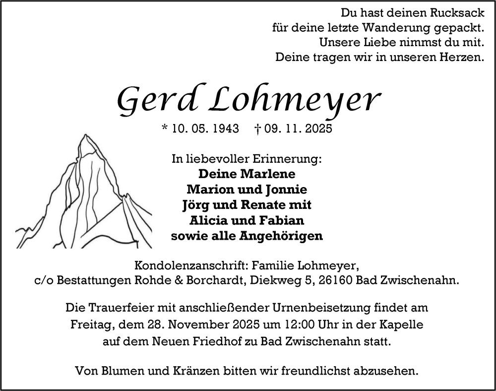  Traueranzeige für Gerd Lohmeyer vom 22.11.2025 aus Nordwest-Zeitung