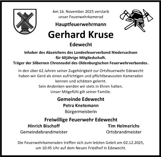 Traueranzeige von Gerhard Kruse von Nordwest-Zeitung
