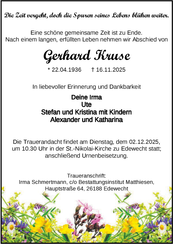  Traueranzeige für Gerhard Kruse vom 29.11.2025 aus Nordwest-Zeitung