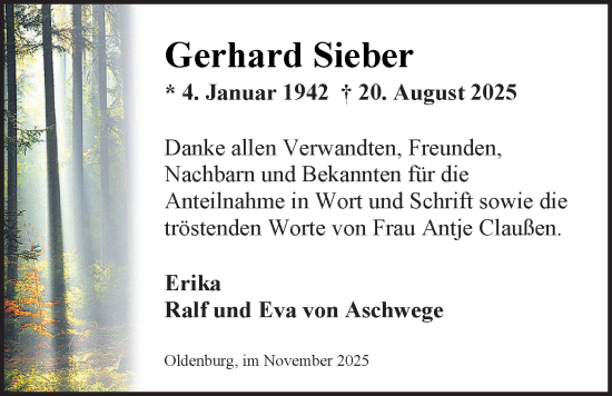 Traueranzeige von Gerhard Sieber von Nordwest-Zeitung