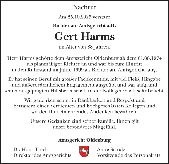 Traueranzeige von Gert Harms von Nordwest-Zeitung