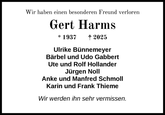 Traueranzeige von Gert Harms von Nordwest-Zeitung