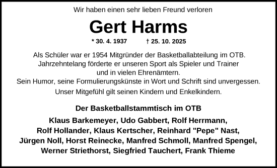 Traueranzeige von Gert Harms von Nordwest-Zeitung