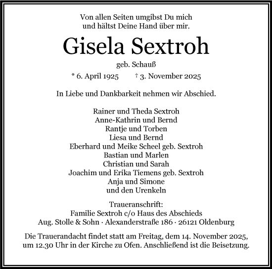 Traueranzeige von Gisela Sextroh von Nordwest-Zeitung