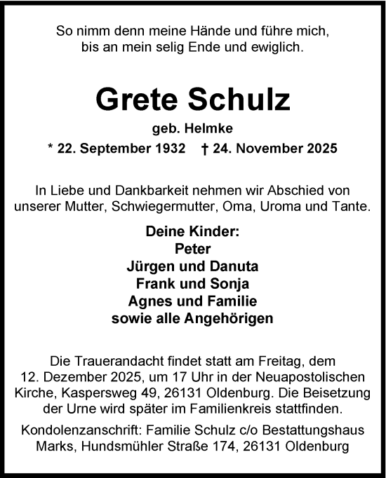Traueranzeige von Grete Schulz von Nordwest-Zeitung