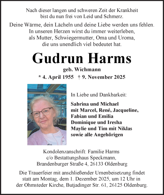 Traueranzeige von Gudrun Harms von Nordwest-Zeitung