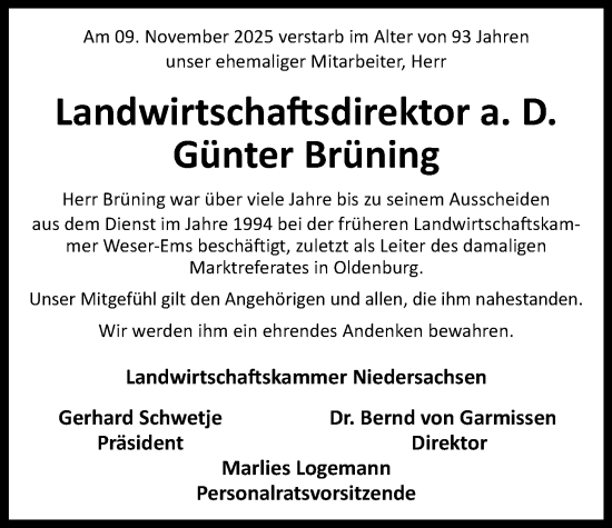 Traueranzeige von Günter Brüning von Nordwest-Zeitung