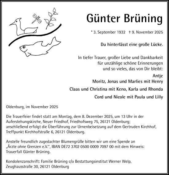 Traueranzeige von Günter Brüning von Nordwest-Zeitung