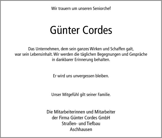 Traueranzeige von Günter Cordes von Nordwest-Zeitung