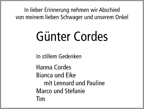 Traueranzeige von Günter Cordes von Nordwest-Zeitung