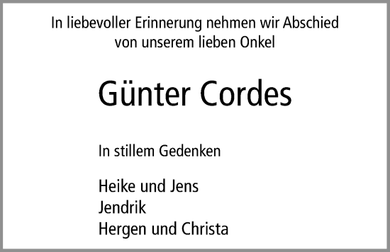 Traueranzeige von Günter Cordes von Nordwest-Zeitung
