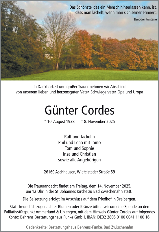Traueranzeige von Günter Cordes von Nordwest-Zeitung