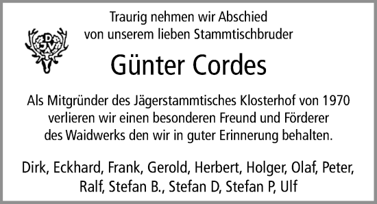 Traueranzeige von Günter Cordes von Nordwest-Zeitung