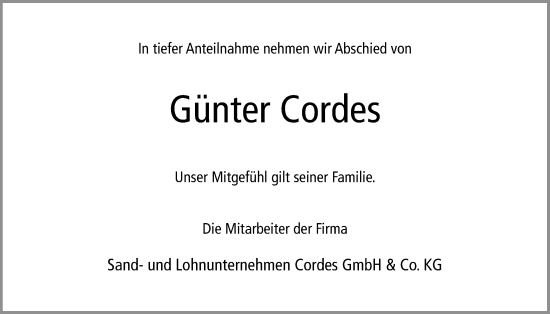 Traueranzeige von Günter Cordes von Nordwest-Zeitung