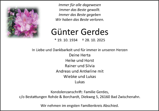 Traueranzeige von Günter Gerdes von Nordwest-Zeitung