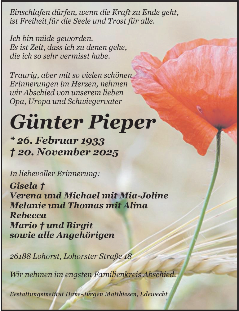  Traueranzeige für Günter Pieper vom 29.11.2025 aus Nordwest-Zeitung